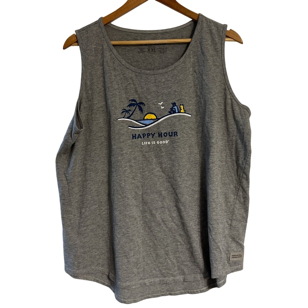 Life is Good Womens XXL Gray Crusher Tank Top Happy Hour Beach Dog Graphic